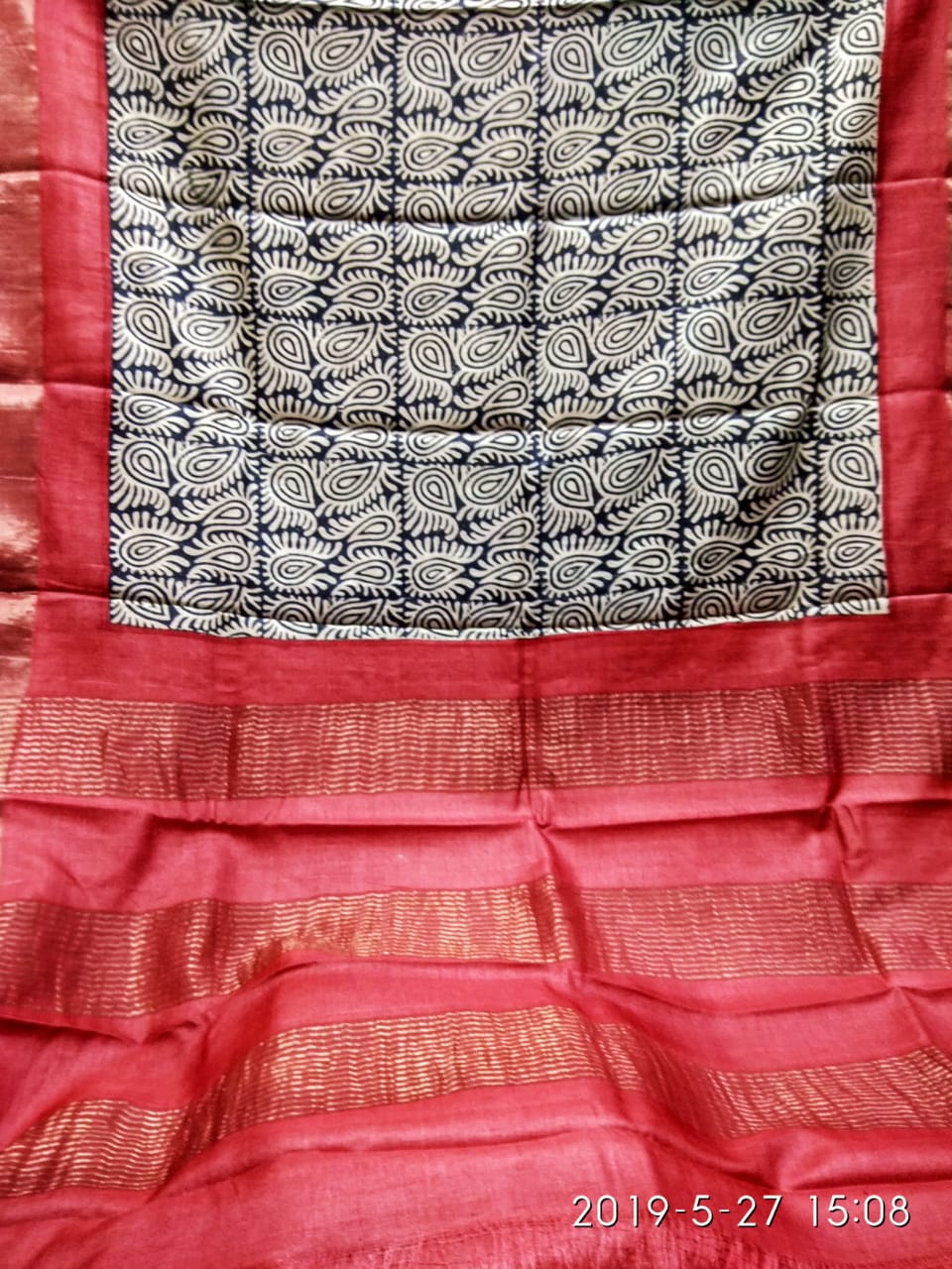 Red Beige Zari Block Printed Zari Border Pure Silk Mark Certified Tussar Silk Sarees - Dailybuyys