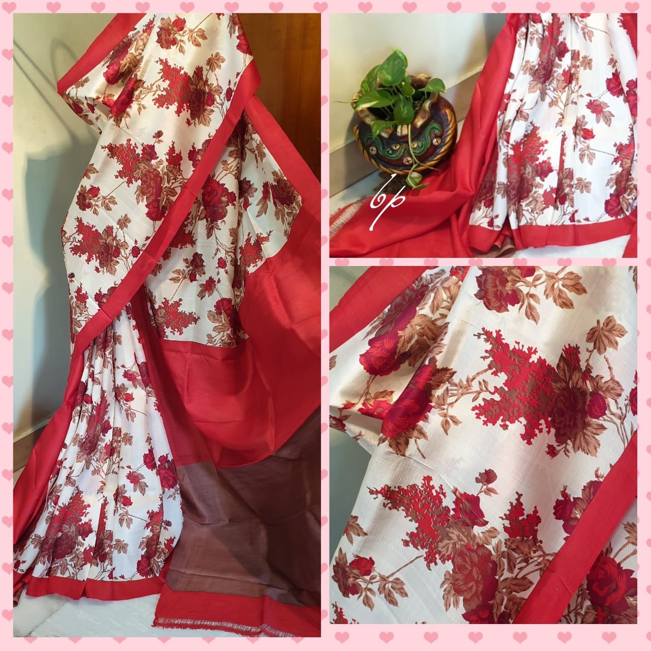 Beige Red Hand Painted Pure Silk Mark Certified Bishnupuri Silk Sarees - Dailybuyys