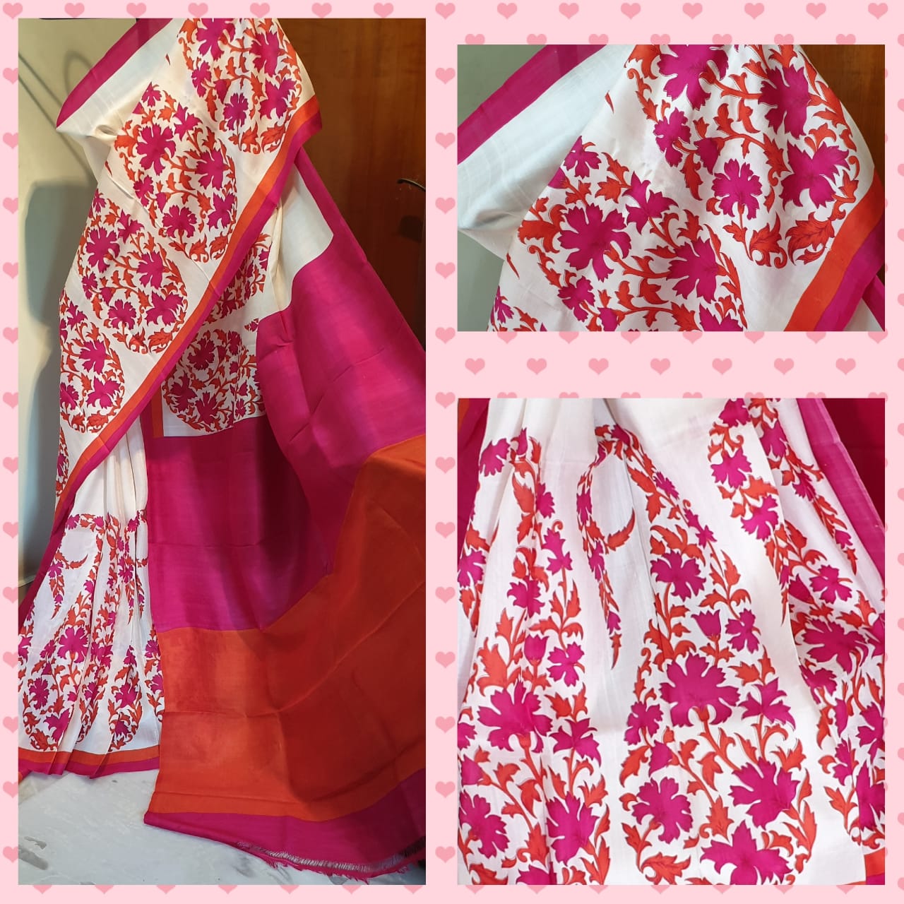 Beige Red Block Printed Pure Silk Mark Certified Bishnupuri Silk Sarees - Dailybuyys