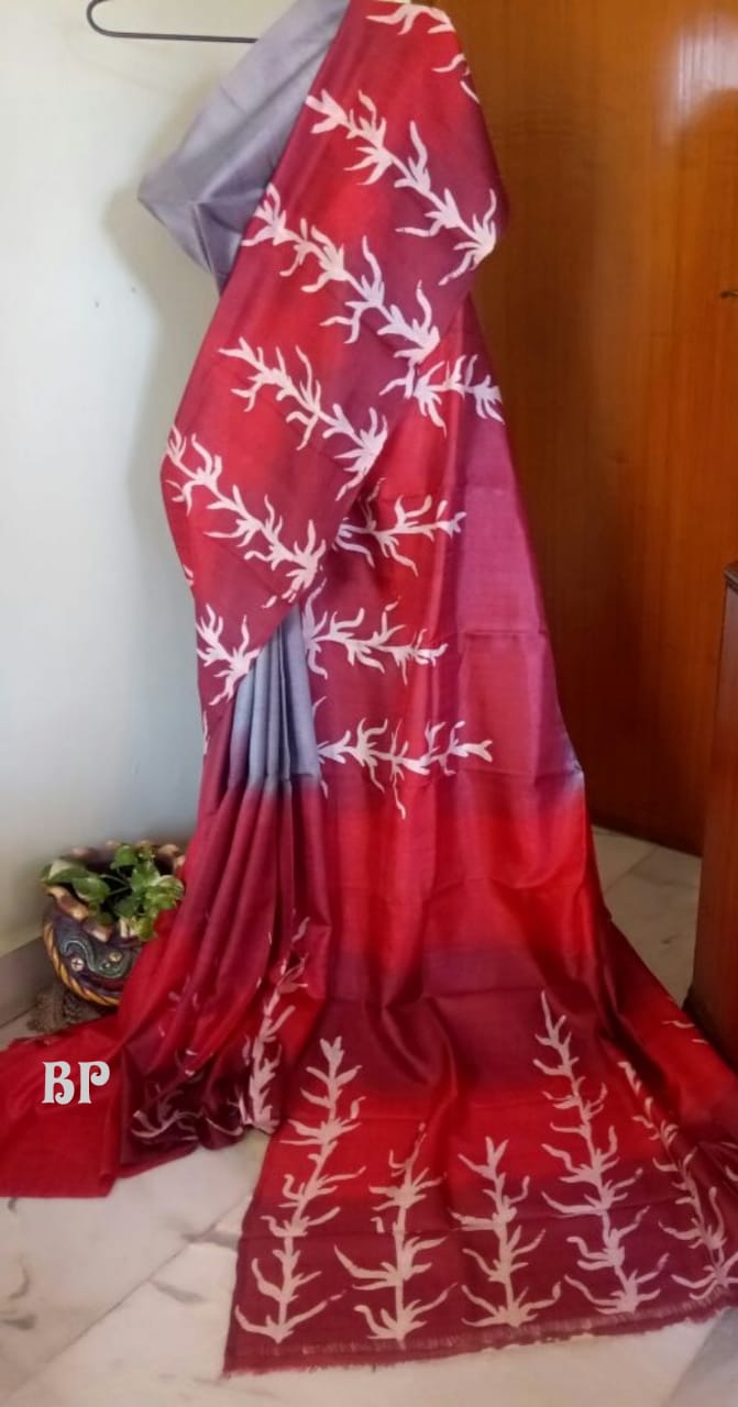 Red Grey Hand Painted Pure Silk Mark Certified Bishnupuri Silk Sarees - Dailybuyys