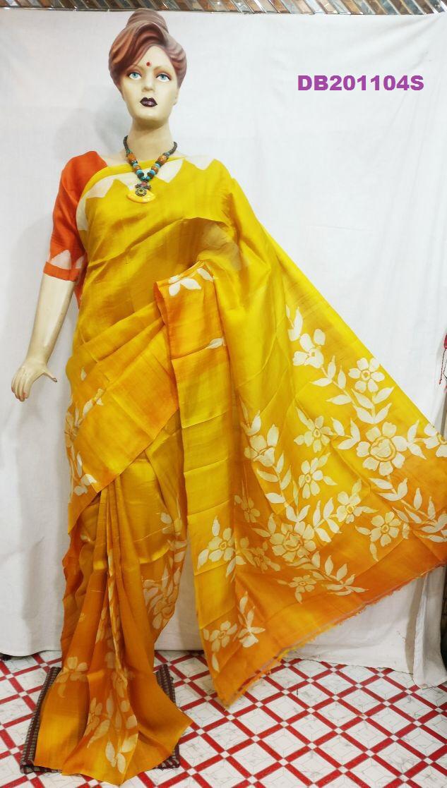 Yellow Block Printed Pure Silk Mark Certified Bishnupuri Silk Sarees - Dailybuyys