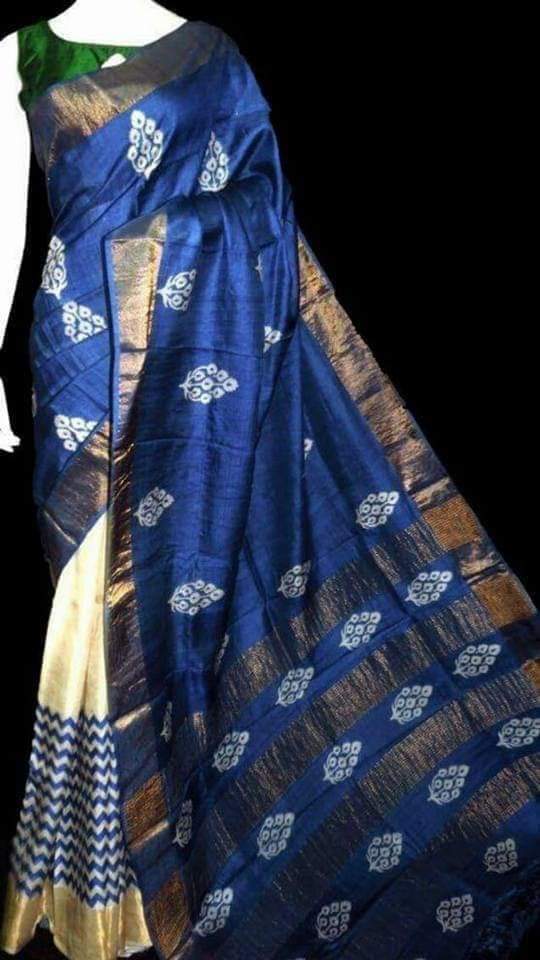Blue Beige Block Printed Zari Border Pure Silk Mark Certified Tussar Silk Sarees - Dailybuyys