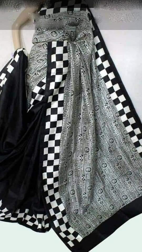 Grey Black Block Printed Pure Silk Mark Certified Bishnupuri Silk Sarees - Dailybuyys