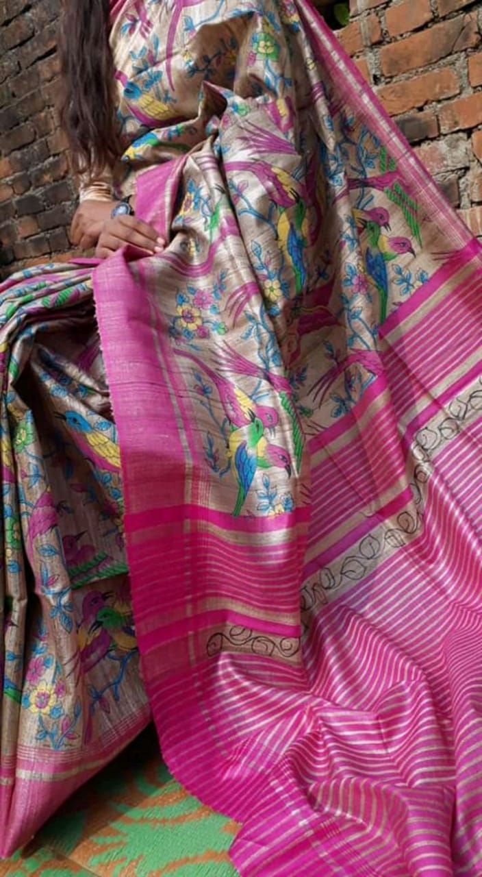 Beige Purple Digital Printed Pure Silk Mark Certified Tussar Ghicha Silk Sarees - Dailybuyys