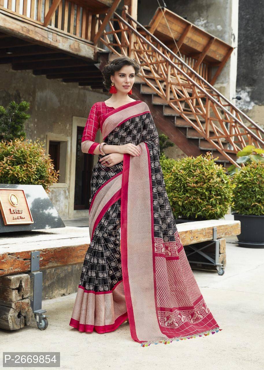 Black Red Jute Pure Linen Sarees - Dailybuyys