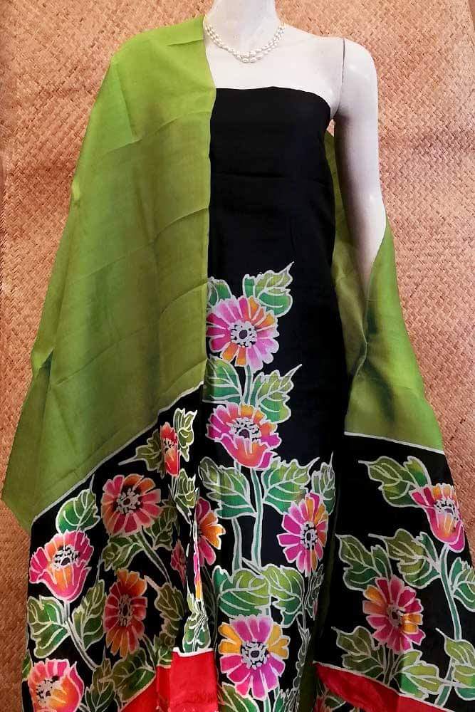 Black Green Hand Painted Design Pure Silk Top & Dupatta - Dailybuyys