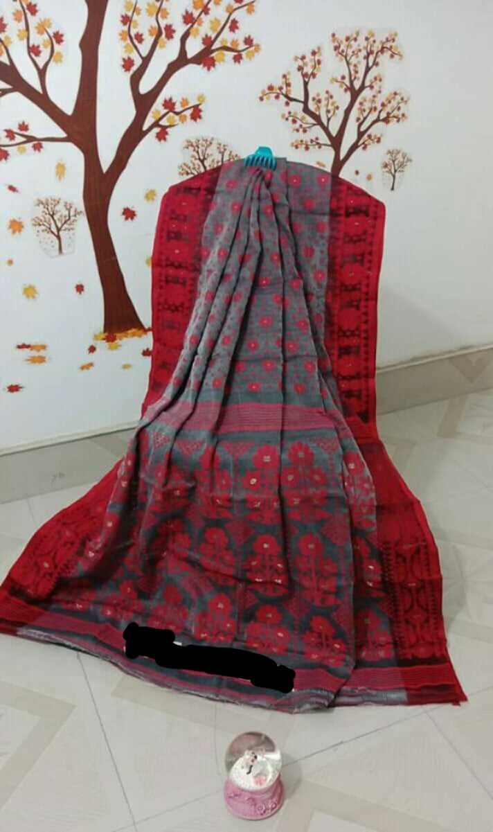 Grey Red Designer Dhakai Jamdani Sarees - Dailybuyys