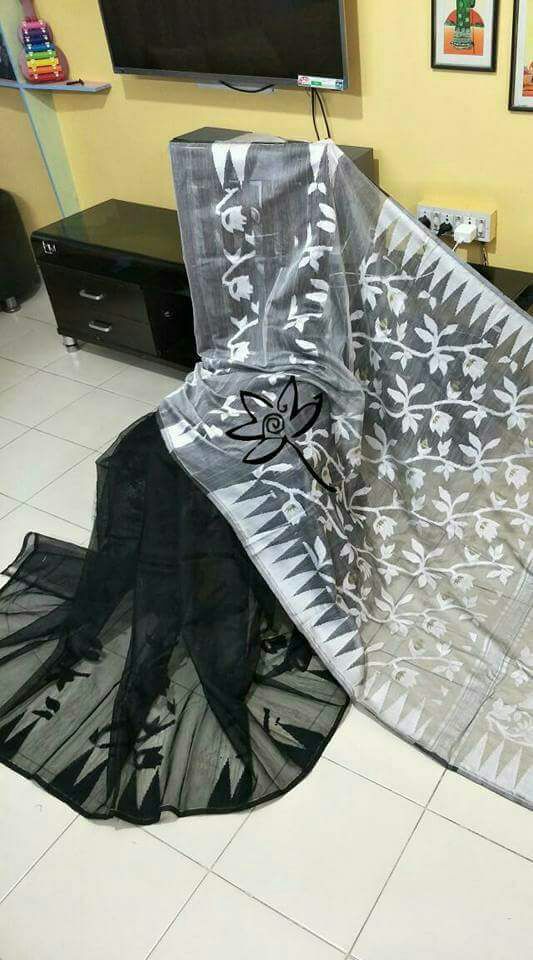 Grey Black Designer Dhakai Jamdani Sarees - Dailybuyys