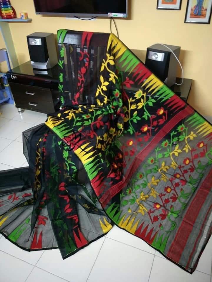 Black Designer Dhakai Jamdani Sarees - Dailybuyys