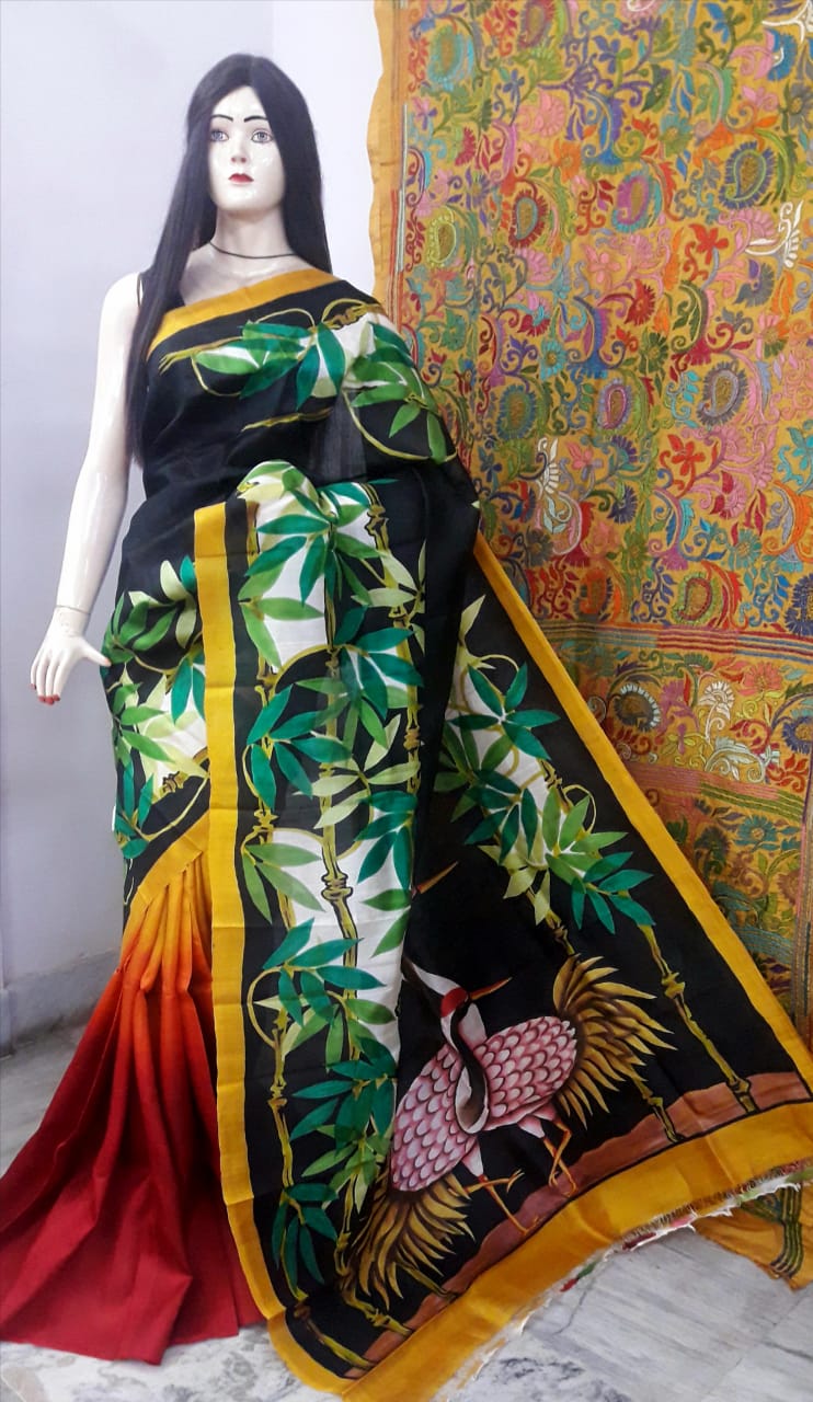 Black Yellow Hand Painted Pure Silk Mark Certified Bishnupuri Silk Sarees - Dailybuyys