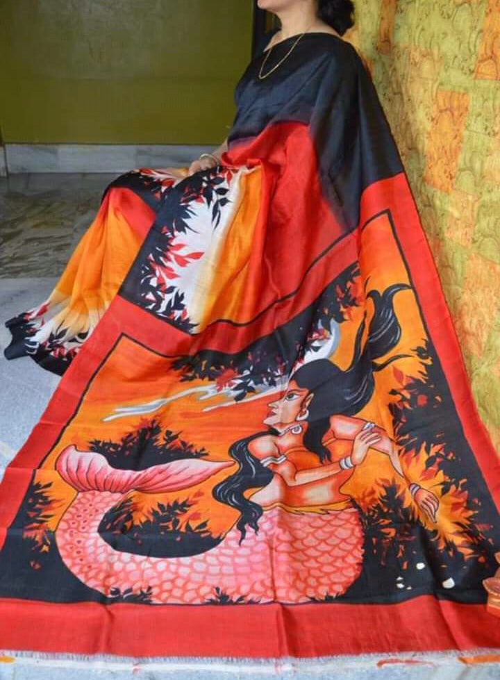 Black Red Hand Painted Pure Silk Mark Certified Bishnupuri Silk Sarees - Dailybuyys