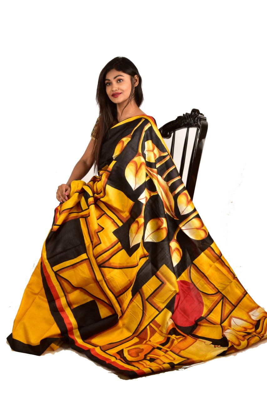 Yellow Black Pure Silk Mark Certified Bishnupuri Silk Sarees - Dailybuyys
