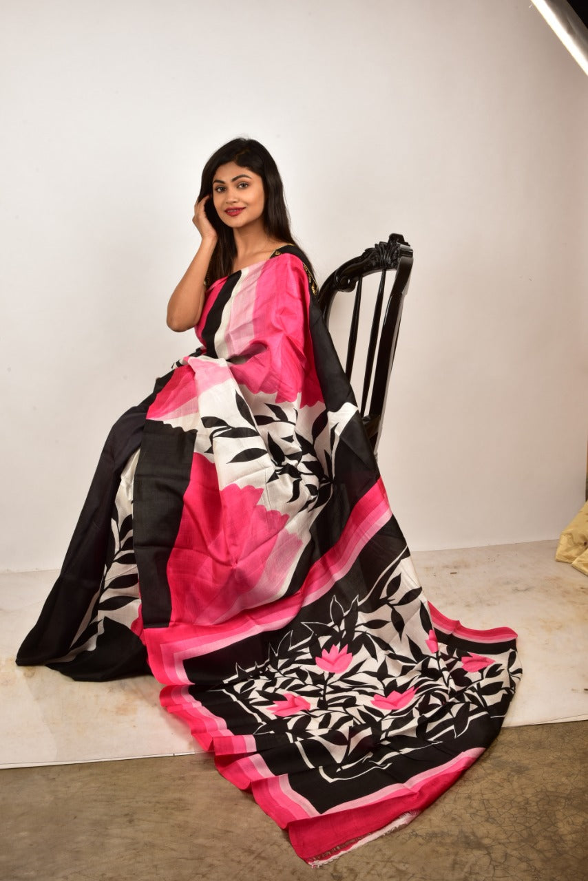 Pink Black Hand Painted Pure Silk Mark Certified Bishnupuri Silk Sarees - Dailybuyys
