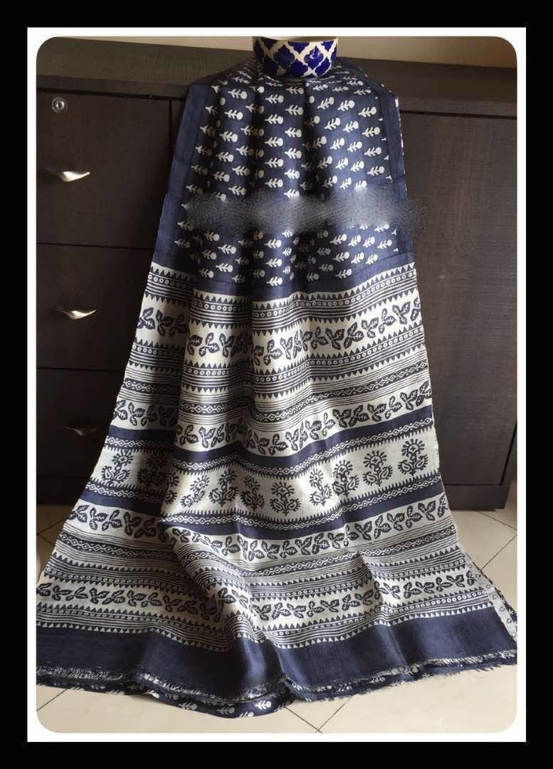 Grey Beige Block Printed Zari Border Pure Silk Mark Certified Tussar Silk Sarees - Dailybuyys