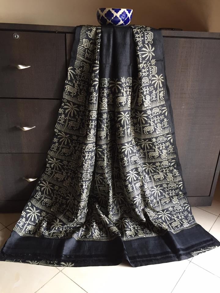 Grey Beige Block Printed Zari Border Pure Silk Mark Certified Tussar Silk Sarees - Dailybuyys