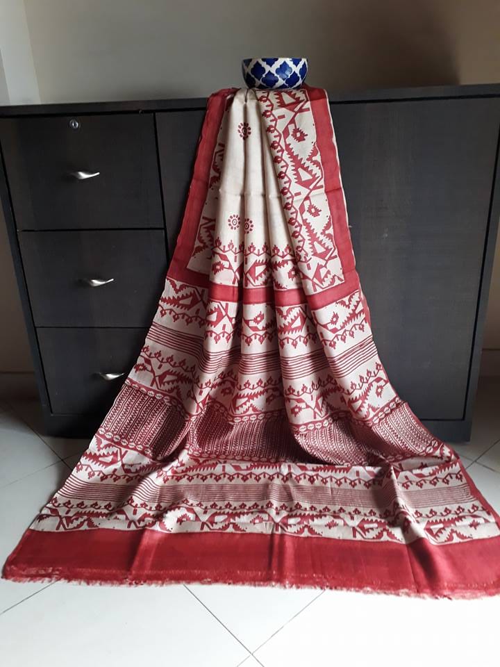 Red Beige Block Printed Zari Border Pure Silk Mark Certified Tussar Silk Sarees - Dailybuyys