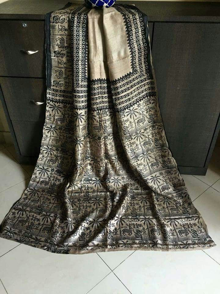 Grey Beige Block Pure Silk Mark Certified Tussar Silk Sarees - Dailybuyys