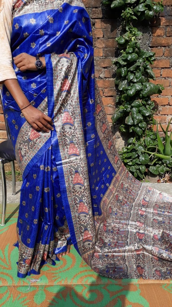 Blue Digital Printed Pure Silk Mark Certified Tussar Ghicha Silk Sarees - Dailybuyys