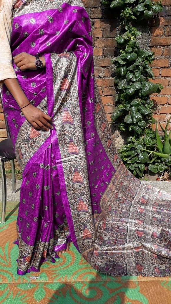 Purple Beige Digital Printed Pure Silk Mark Certified Tussar Ghicha Silk Sarees - Dailybuyys