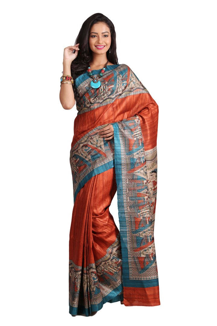 Orange Beige Digital Printed Pure Silk Mark Certified Tussar Ghicha Silk Sarees - Dailybuyys