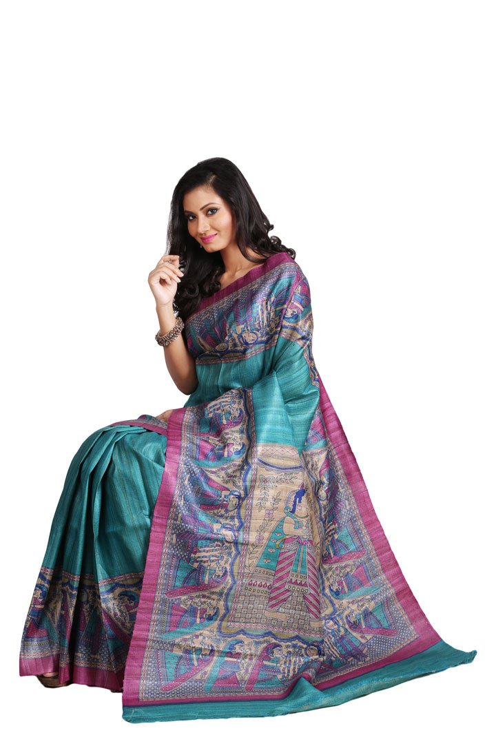 Green Beige Digital Printed Pure Silk Mark Certified Tussar Ghicha Silk Sarees - Dailybuyys