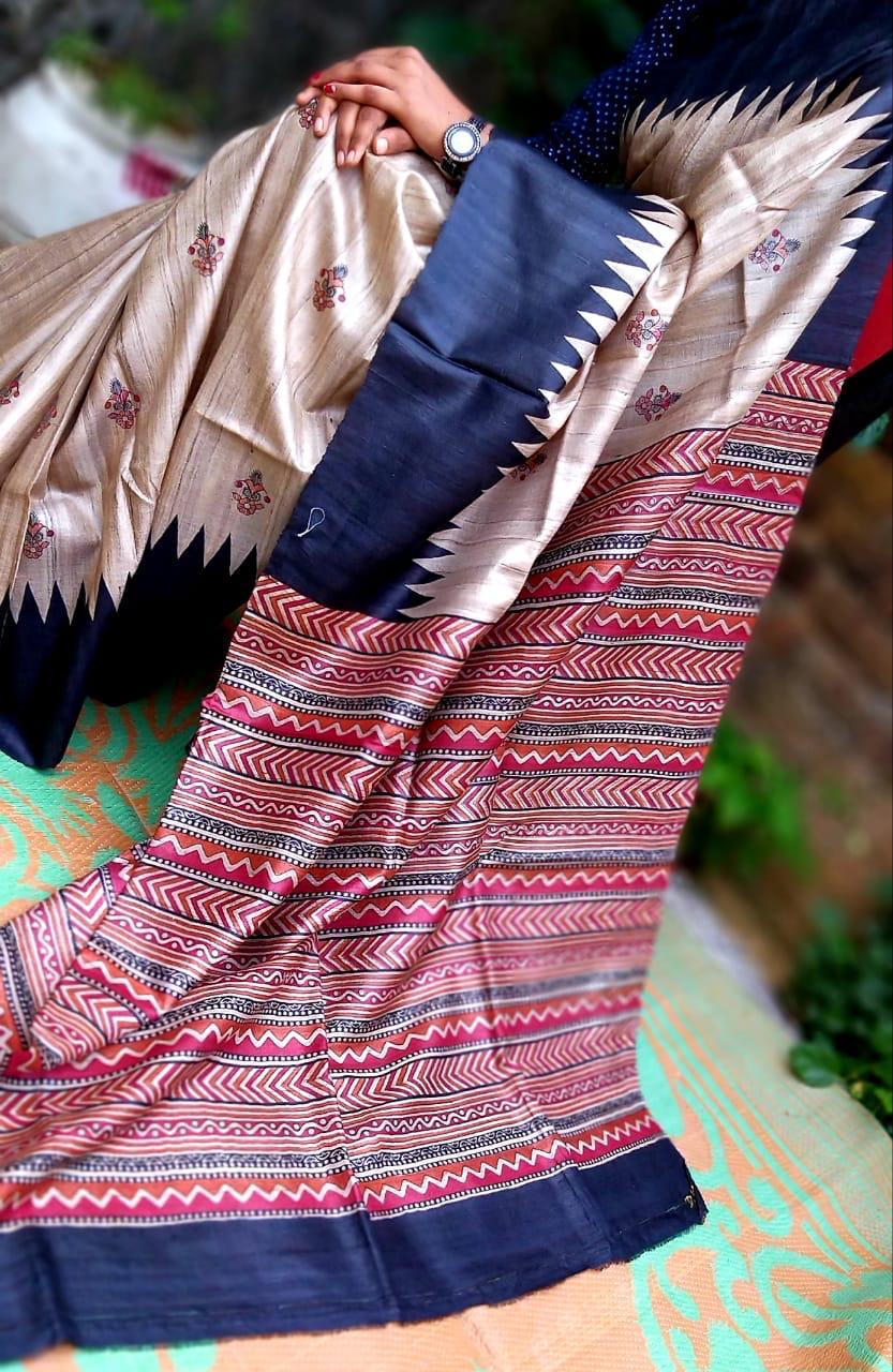 Beige Purple Digital Printed Pure Silk Mark Certified Tussar Ghicha Silk Sarees - Dailybuyys