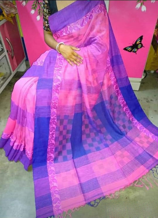 Pink Blue Bengal Handloom Khadi Sarees - Dailybuyys