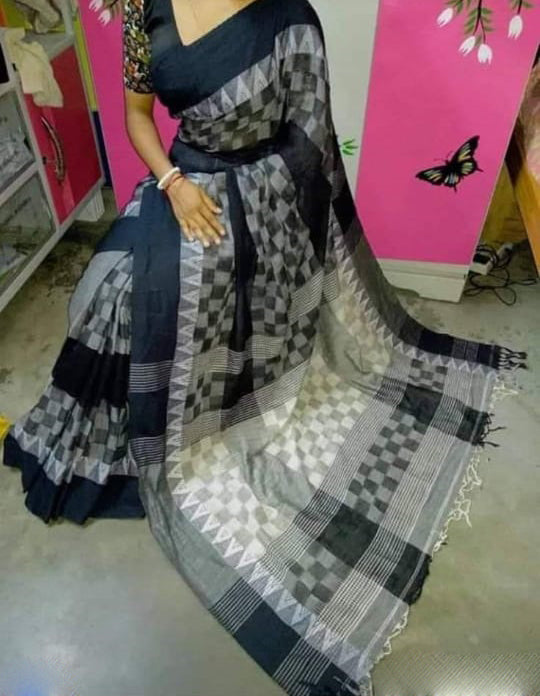 Black Beige Bengal Handloom Khadi Sarees - Dailybuyys