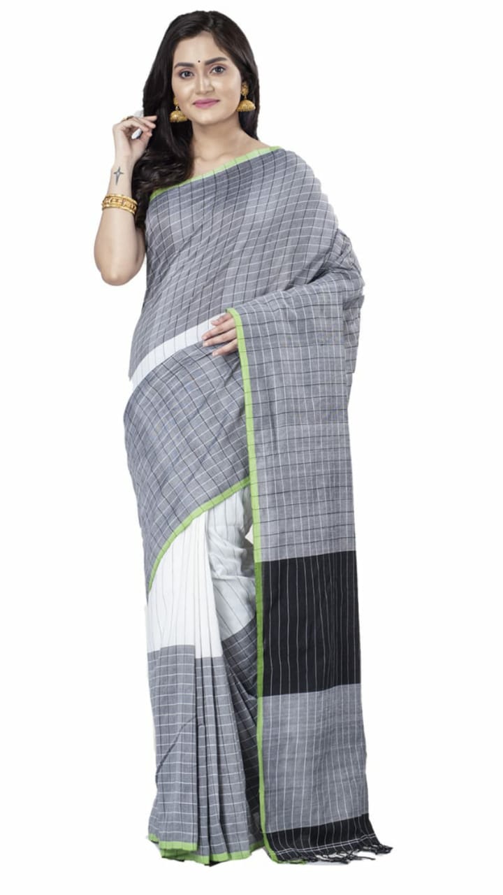 Grey Black Bengal Handloom Khadi Sarees - Dailybuyys