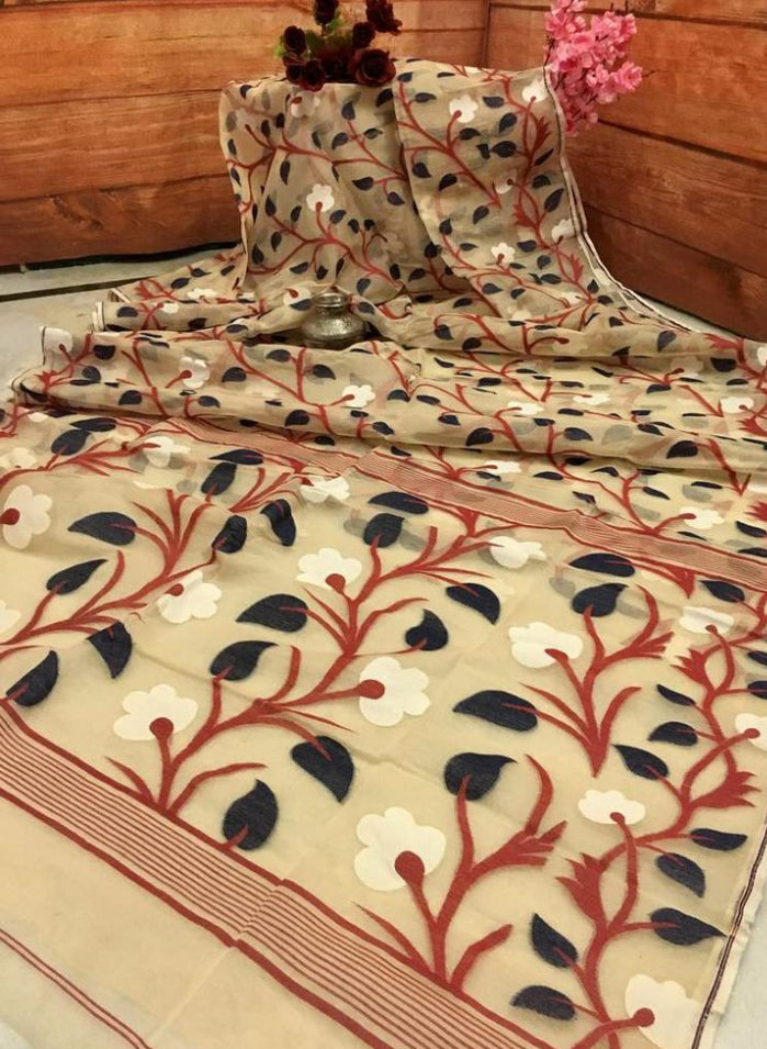 Beige Designer Dhakai Jamdani Sarees - Dailybuyys
