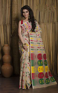 Beige Red Designer Dhakai Jamdani Sarees - Dailybuyys