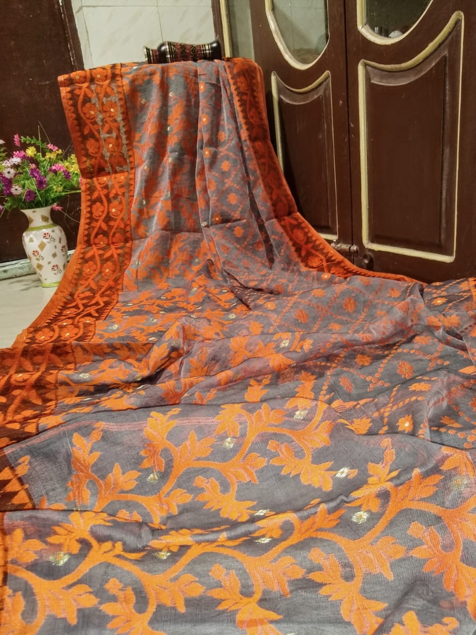 Grey Orange Designer Dhakai Jamdani Sarees - Dailybuyys