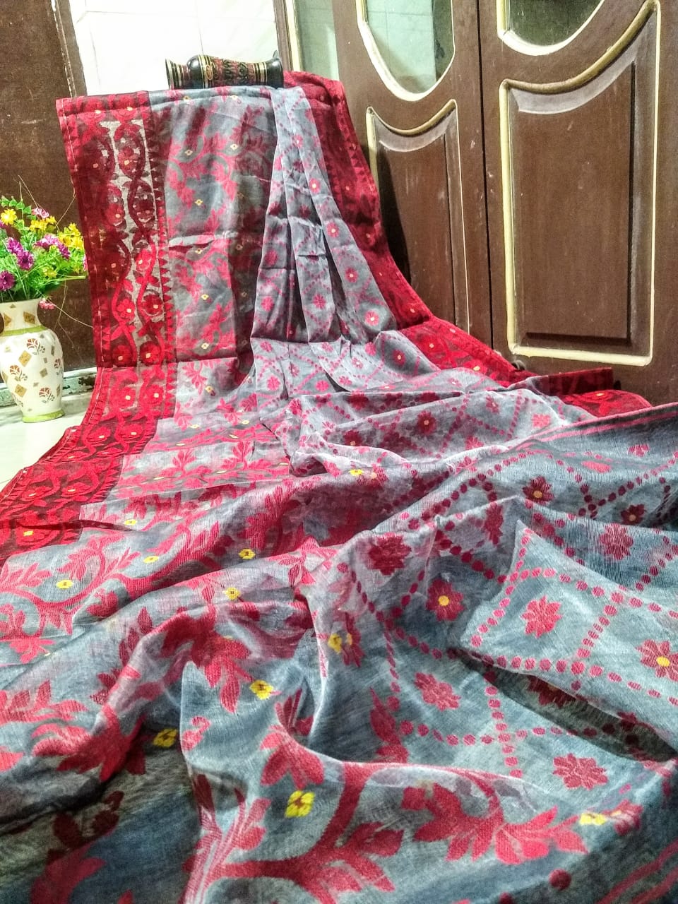 Grey Red Designer Dhakai Jamdani Sarees - Dailybuyys