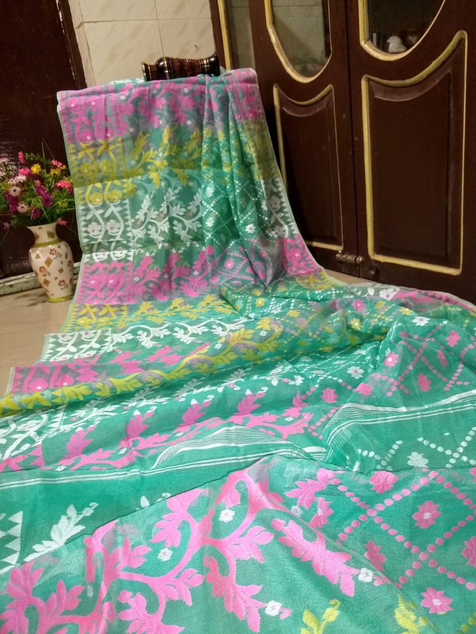Green Designer Dhakai Jamdani Sarees - Dailybuyys