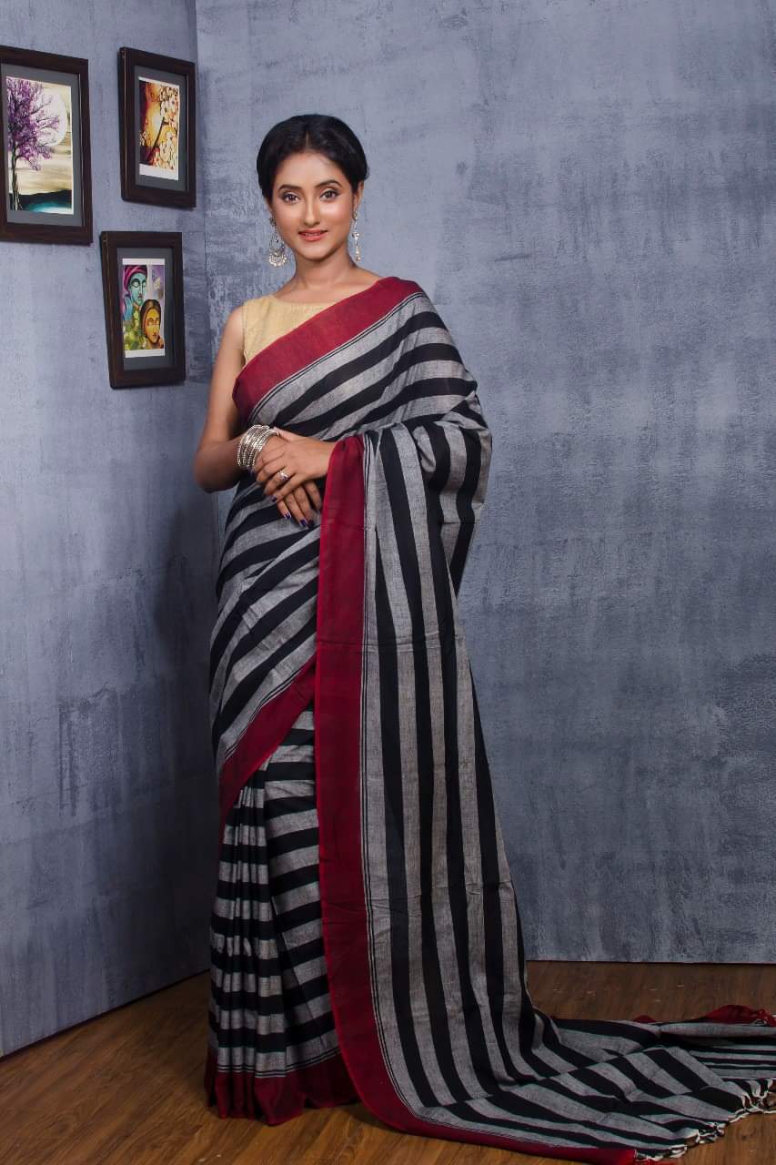 Grey Black Bengal Handloom Khadi Sarees - Dailybuyys