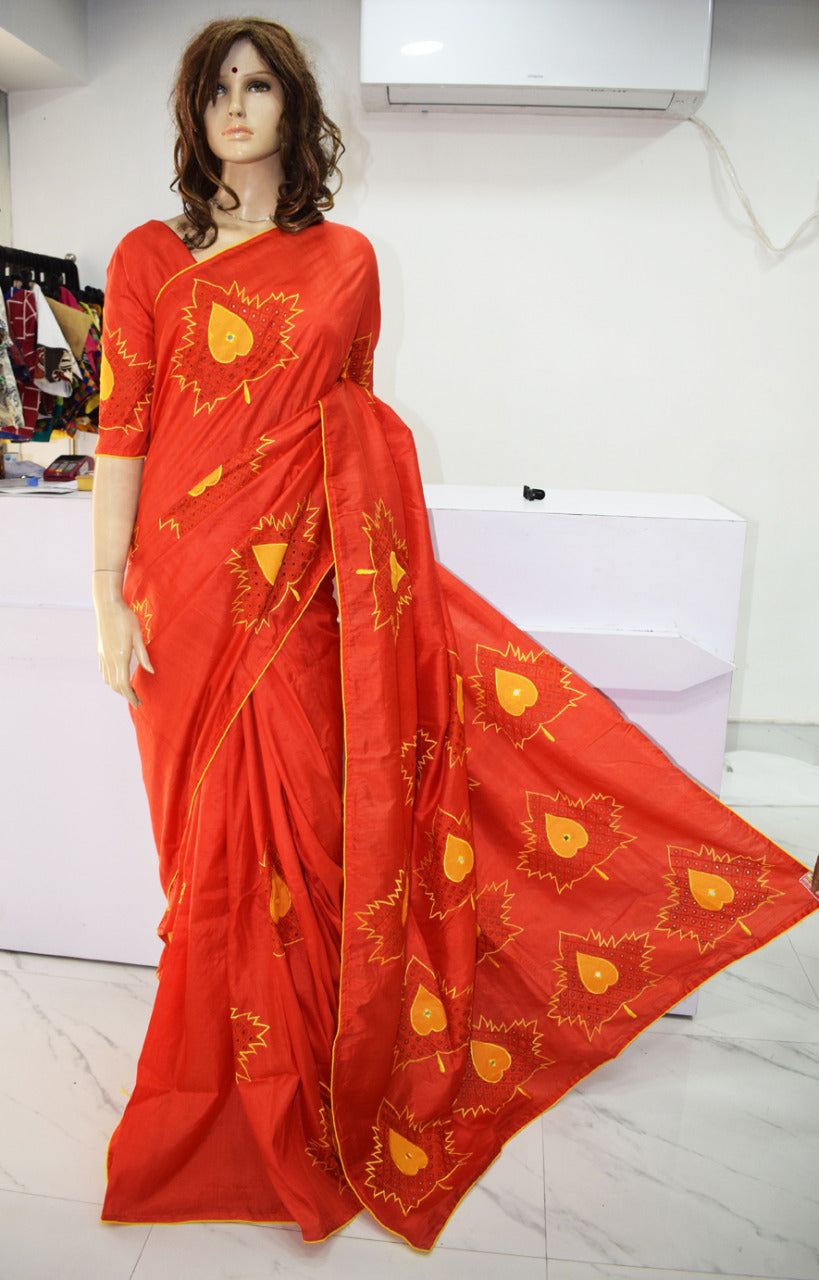 Orange Pure Block Printed Silk Mark Certified Bishnupuri Silk Sarees - Dailybuyys