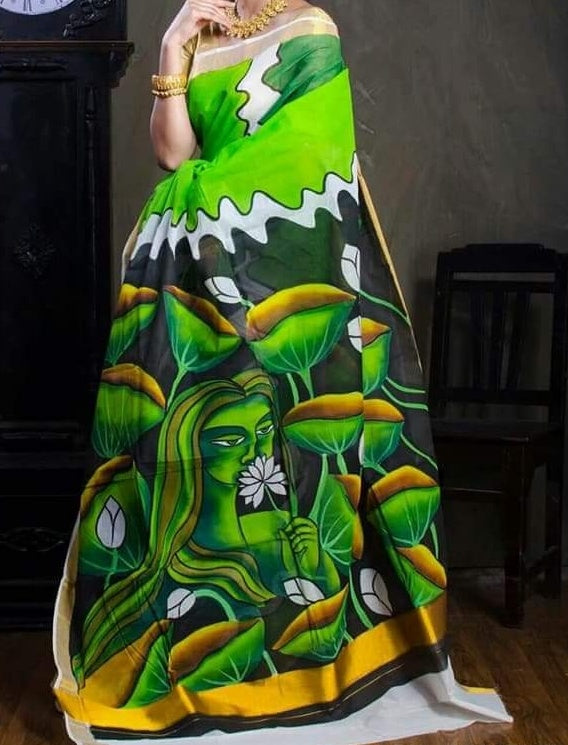 Green Kerala Pure Cotton Sarees - Dailybuyys