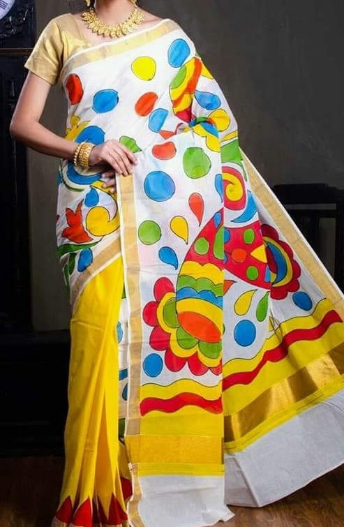 Yellow Beige Kerala Pure Cotton Sarees - Dailybuyys