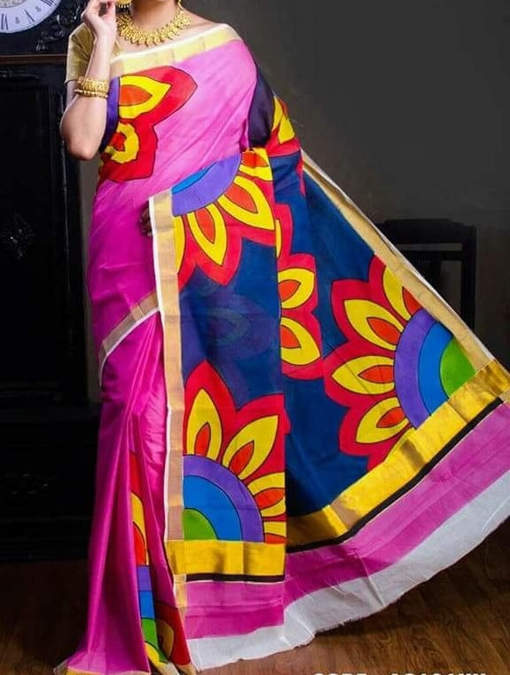 Purple Beige Hand Paint Kerala Pure Cotton Sarees - Dailybuyys