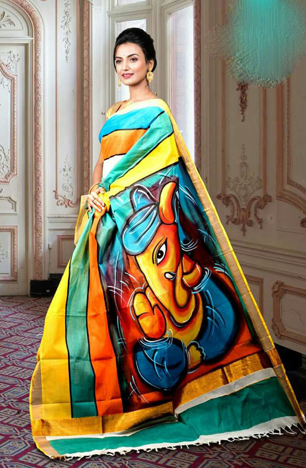 Yellow Blue Kerala Pure Cotton Sarees - Dailybuyys