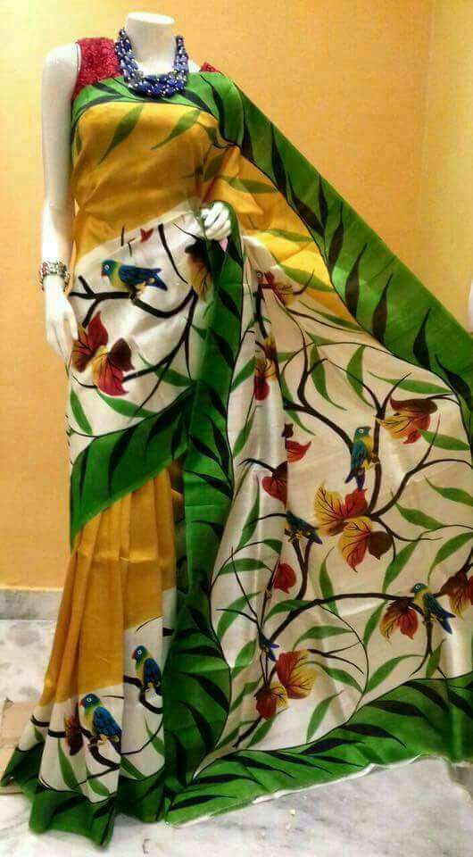 Yellow Green Hand Painted Pure Silk Mark Certified Bishnupuri Silk Sarees - Dailybuyys
