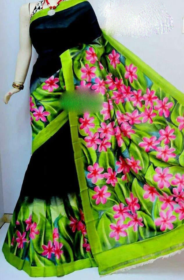 Black Green Hand Painted Pure Silk Mark Certified Bishnupuri Silk Sarees