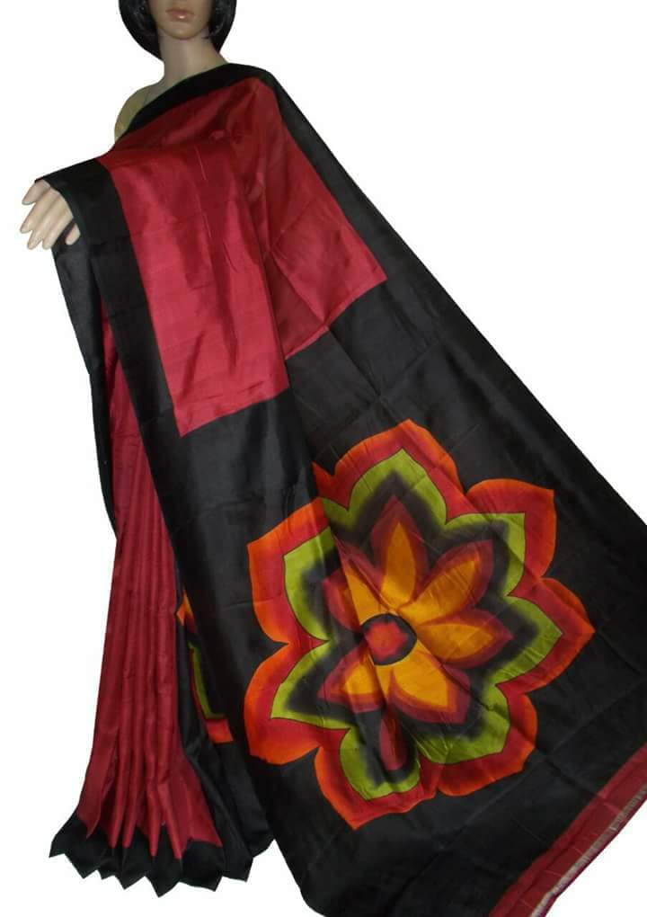 Maroon Black Hand Painted Pure Silk Mark Certified Bishnupuri Silk Sarees - Dailybuyys
