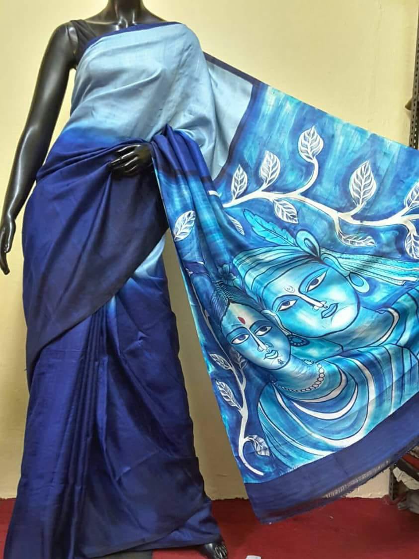 Blue Pure Hand Painted Silk Mark Certified Bishnupuri Silk Sarees - Dailybuyys