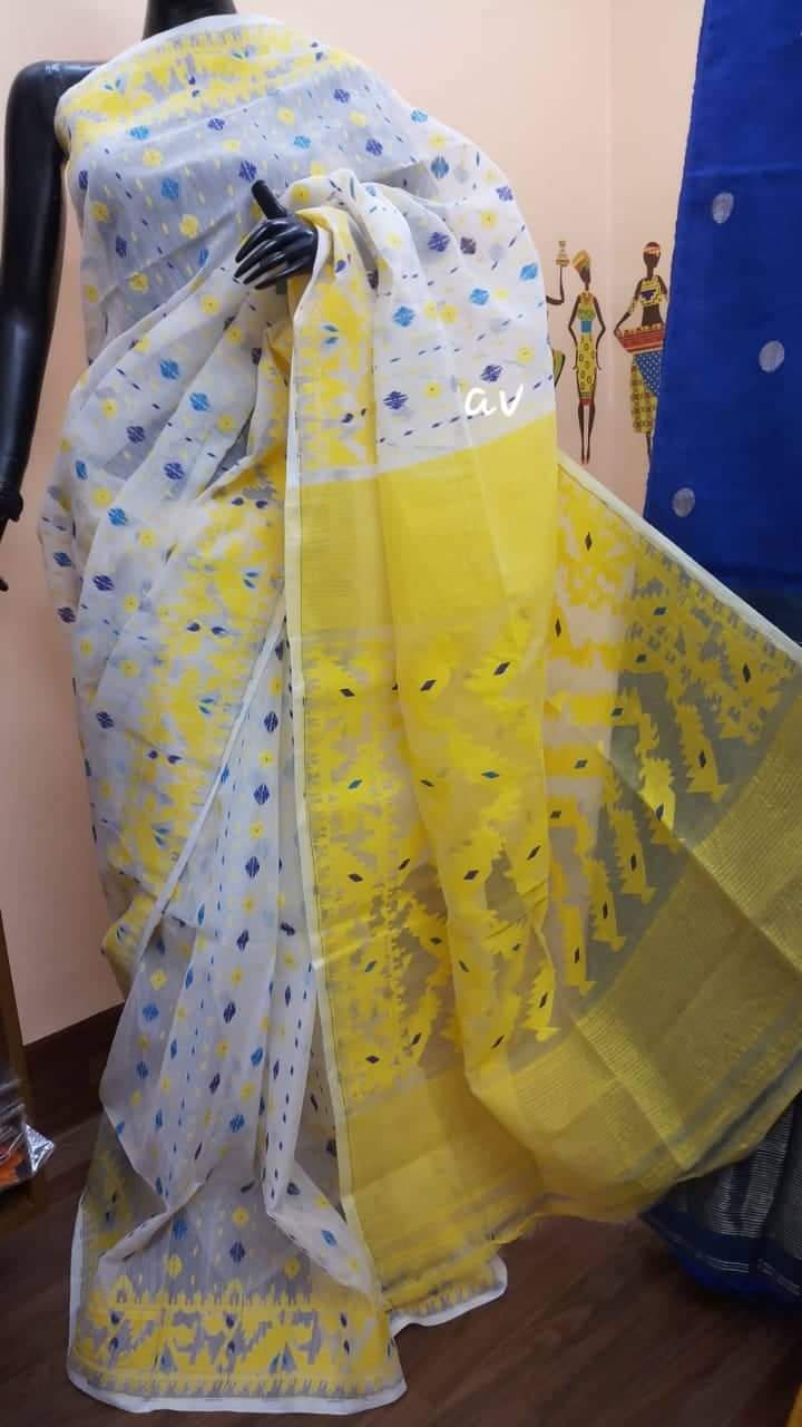 White Yellow Designer Dhakai Jamdani Sarees - Dailybuyys