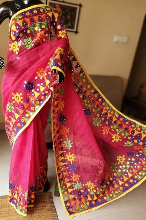 Violet Mirror Work Noil Applique Sarees - Dailybuyys