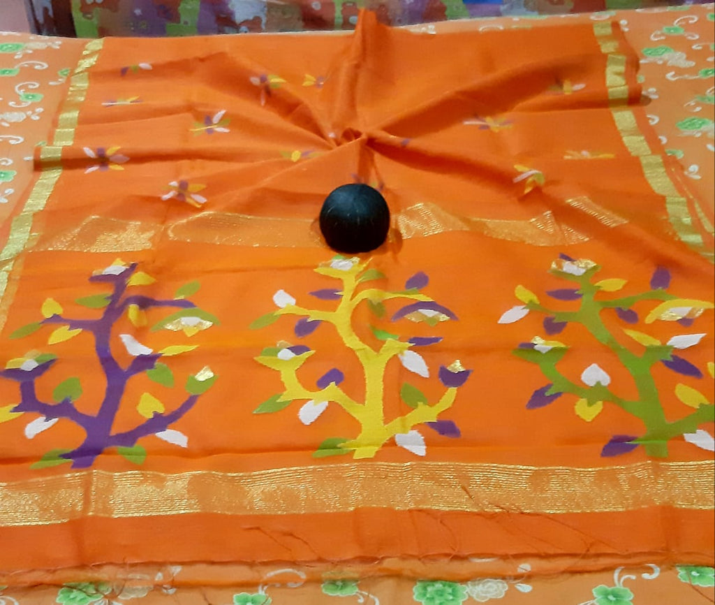 Orange Handloom Pure Linen Silk Jamdani Sarees