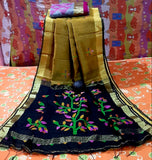 Black Yellow Handloom Pure Linen Silk Jamdani Sarees