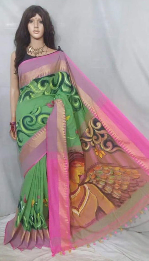 Green Pink Handpaint Temple Border Pure Cotton Khadi Sarees - Dailybuyys