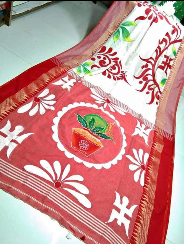 White Red Handpaint Temple Border Pure Cotton Khadi Sarees - Dailybuyys